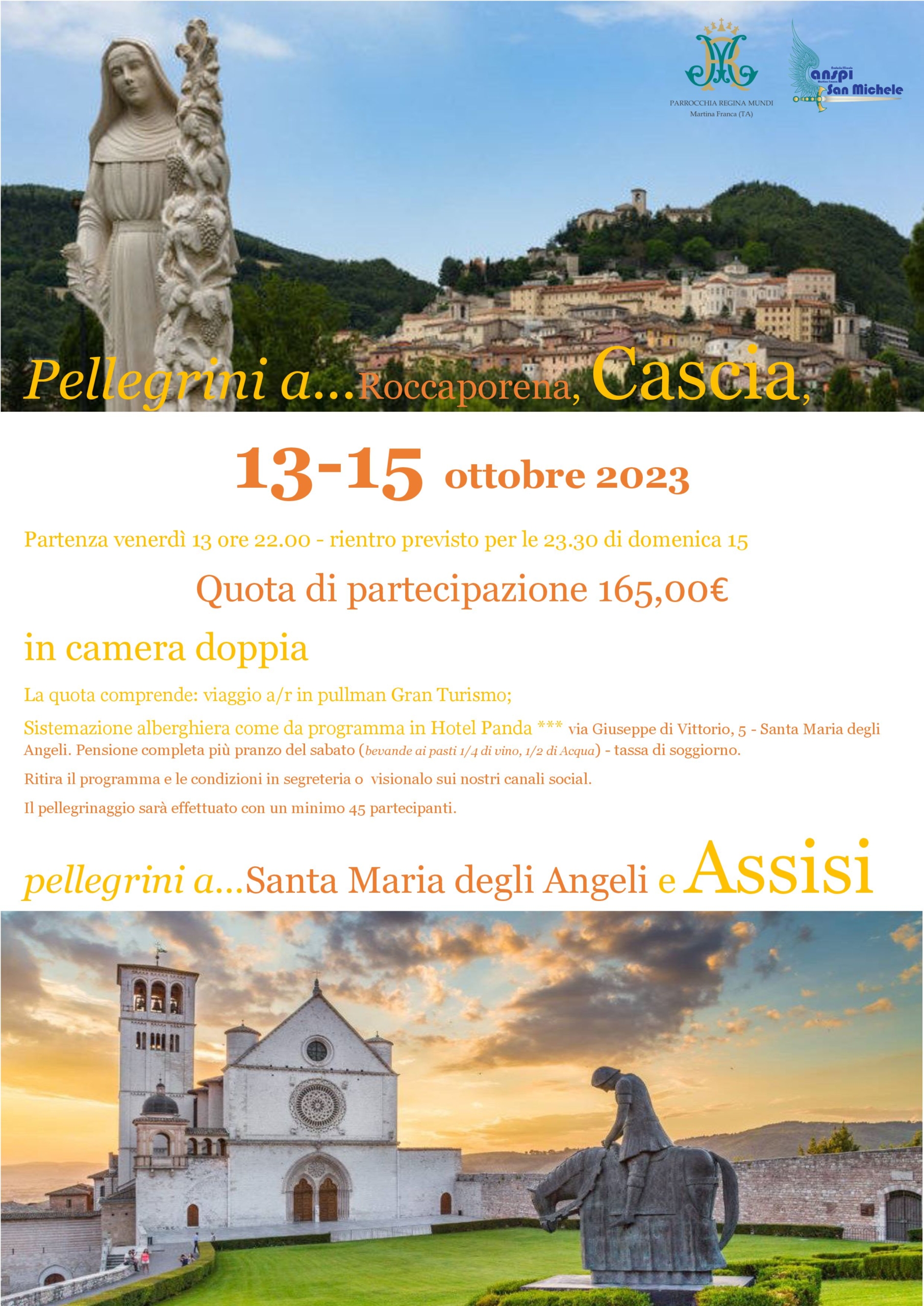 Pellegrini a Roccaporena, Cascia, Santa Maria degli Angeli e Assisi  13-15 ottobre 2023